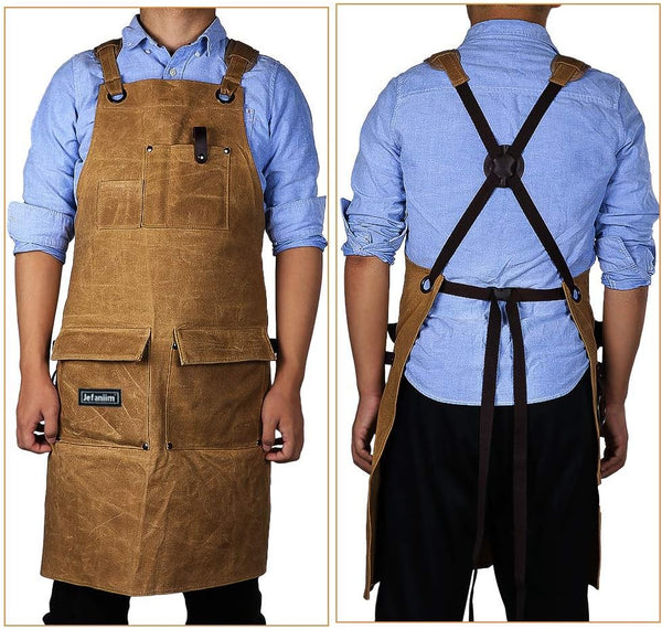 Waxed Canvas Shop Apron for Men & Women.Woodworking Aprons Heavy Duty Work Apron with Pockets. Big Bulk Tool Apron with Adjustable Cross-Back