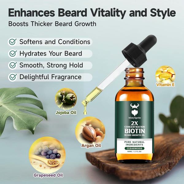 Beard Growth Oil - 2X Concentration Biotin Beard Oil for Men (2 oz) - Natural Mens Beard Oil with Argan Oil, Jojoba Oil and Vitamin, Beard Growth