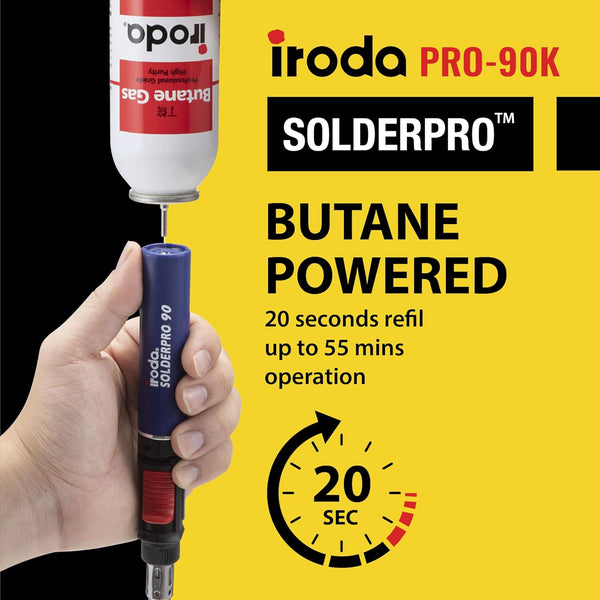 IRODA SOLDERPRO 90K Butane Soldering Iron Kit â 9 Piece Kit 3-In-1 Heat Tool (25â80W) Self-Igniting, Adjustable Flame, 17S Heat-Up, 53-Min