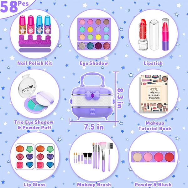 Hollyhi 58 Pcs Kids Makeup Kit for Girl, Princess Toys Real Washable Cosmetic Set with Mirror, Kids Makeup Sets for Girls, Play Make up Birthday