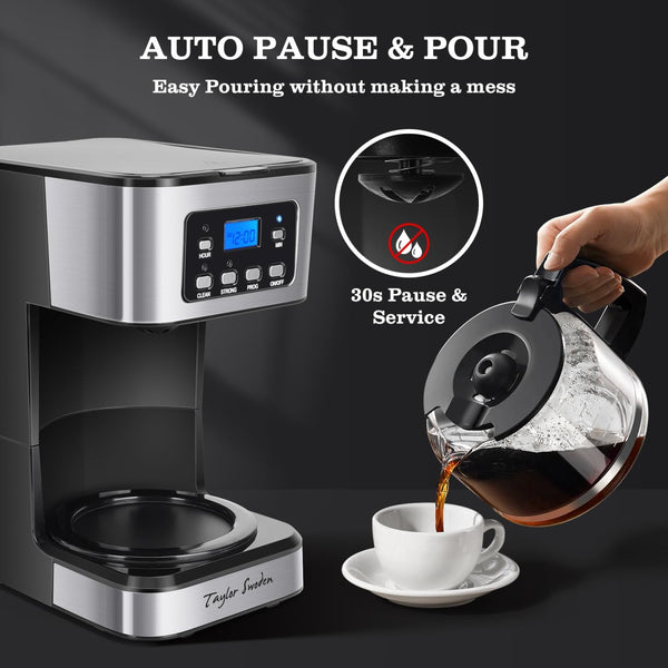 Taylor Swoden 12-Cup Programmable Coffee Maker, Regular & Strong Brew Drip Coffee Machine for Home and Office, Glass Carafe, Pause & Serve, Auto