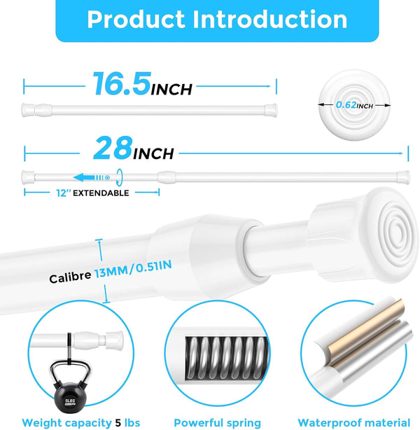 AIZESI 3Pcs White Spring Tension Rond Short Curtain Rods Small Curtain Tension Rods 16 to 28 Inch Adjustable Curtain Rod Tension Extendable Spring