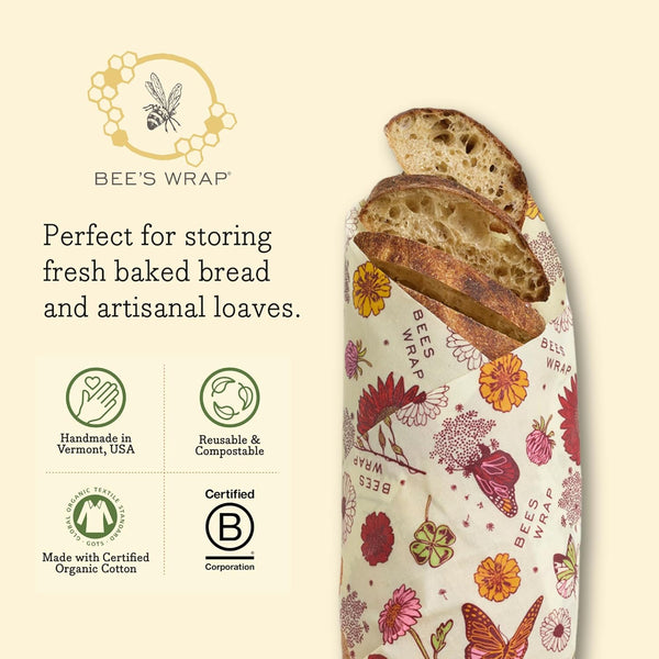 Bee's Wrap Vegan Beeswax Wraps for Bread - Beeswax Bread Wrap for Sourdough & Bread Storage - Made in USA Reusable Natural Food Wrap - Meadow