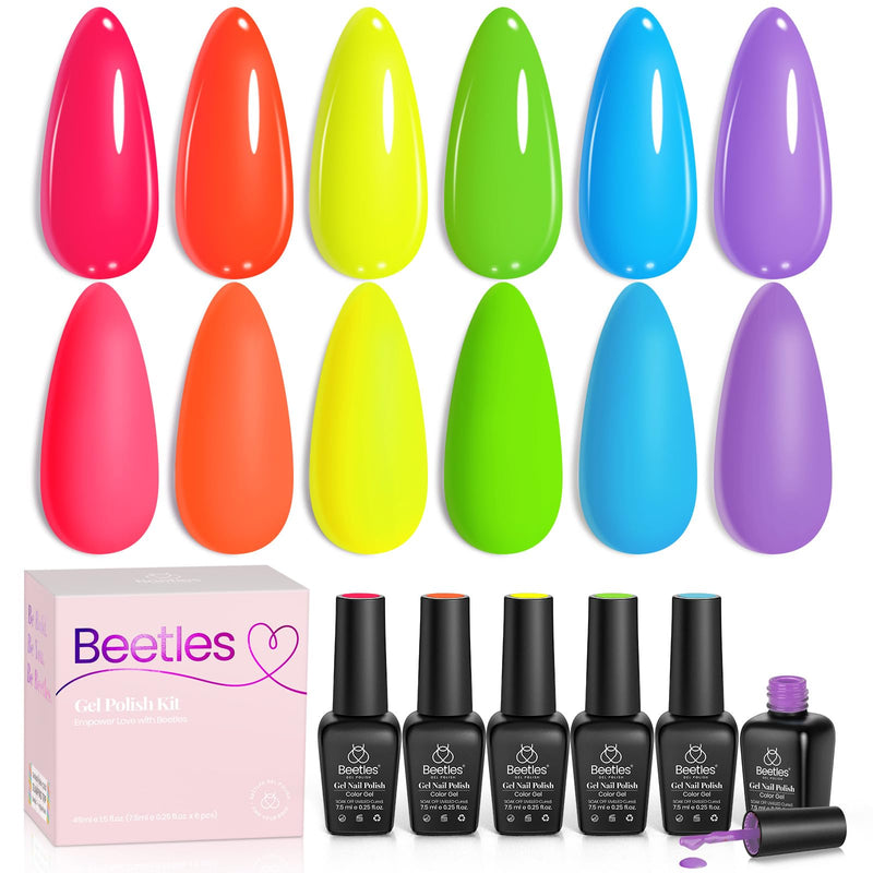 Beetles Neon Gel Nail Polish Set, Summer Gel Polish Kit 6 Colors Hot Pink Orange Yellow Green Blue Purple Soak off UV Nail Lamp Design Manicure