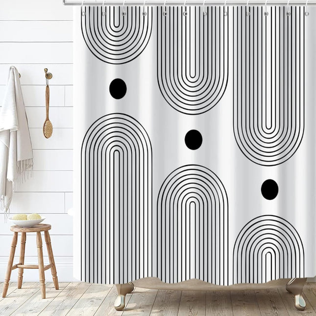 White and Black Shower Curtain, Boho Minimalist Mid Century Modern Arch Geometric Machine Washable Waterproof Fabric for