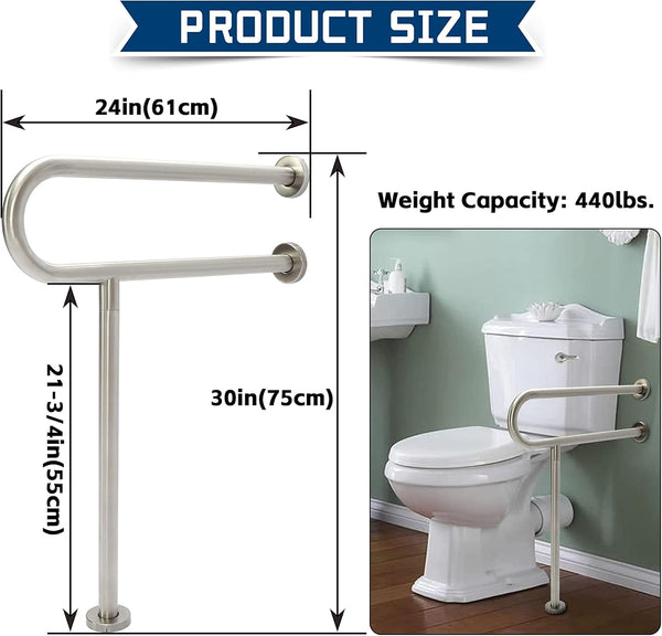 HECASA 24 Inch Handicap Grab Bars Rails 304 Stainless Steel Toilet Handrail Bathroom Safety Bar Wall Mount Floor Support Assist Bar for Disabled