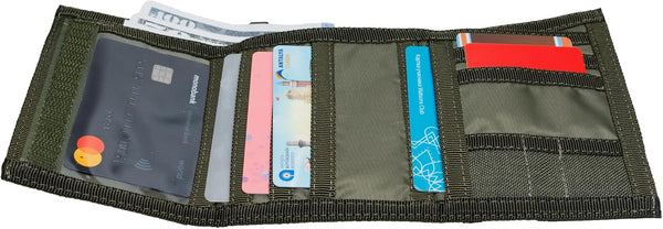 Chameleon Trifold Men Nylon Wallet - Military Tactical Mens Wallets- ID Card Holder - Canvas Thin Front Pocket Travel Wallet -Coin Zipper Pocket OLIVE