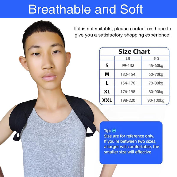 Men and Women Posture Corrector Back Support Strap, Compact Upper Support for Back, Neck, and Shoulders (Black) Medium (LB 121-143)