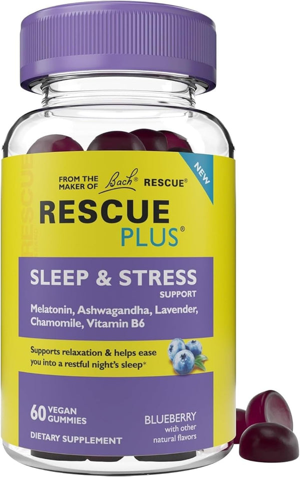 Bach RESCUE plus Sleep & Stress Support Gummies, Nighttime Dietary Supplement with 1Mg Melatonin, Ashwagandha, Chamomile, Lavender & Vitamin B6,