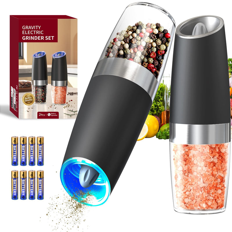 CIRCLE JOY Gravity Electric Salt and Pepper Grinder Set Automatic Salt and Pepper Grinder Set with LED Light, Battery Operated, Adjustable