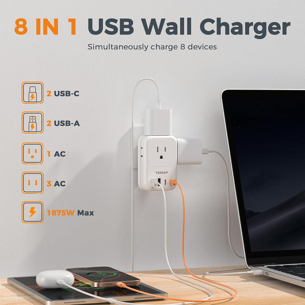 USB Wall Charger, TESSAN Wall Plug Adapter Outlet Extender, 3 Charger Block (1 USB C Port), Multi Charging Station for Cruise, Bathroom, Office,