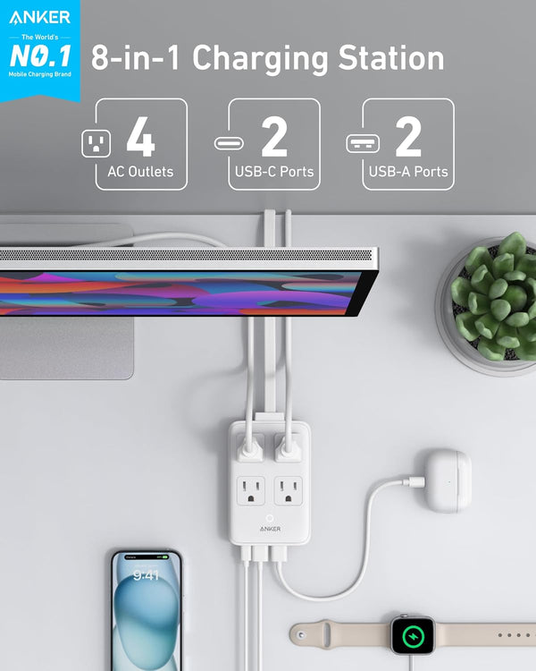 Anker Charging Station, 20W Max 8-In-1 USB-C Power Strip for Iphone 15/14 and Macbook Air/Pro, 5 Ft Thin Cord with 4 AC, 2 USB-A, and 2 USB-C