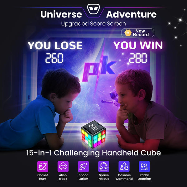 Rechargeable Game Handheld Cube - 15 Fun Brain & Memory Game with Score Screen - Christmas Easter Birthday Gifts for Boys Girls Ages 6-12+ Years
