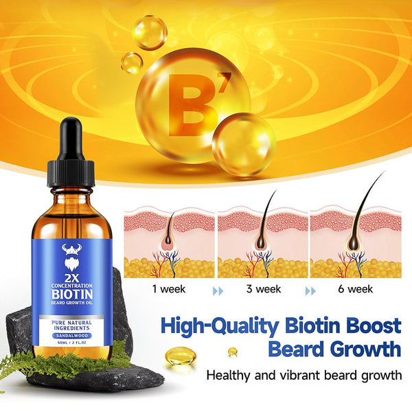 Beard Growth Oil - 2X Concentration Biotin Beard Oil for Men (2 Oz) - Natural Mens Beard Oil with Argan Oil, Jojoba Oil and Vitamin, Beard Growth
