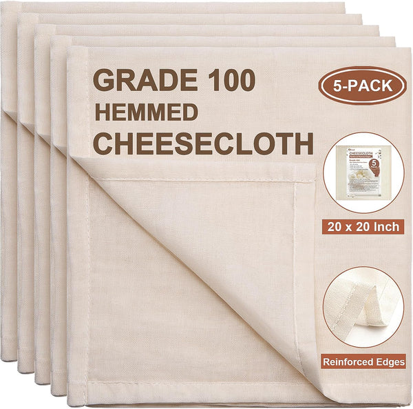 Cheese Cloths, 3PCS Precut 20X20 Inch, Grade 100 Hemmed Cheesecloth for Straining Cooking, Fine Mesh Cloth Strainer Reusable, 100% Unbleached