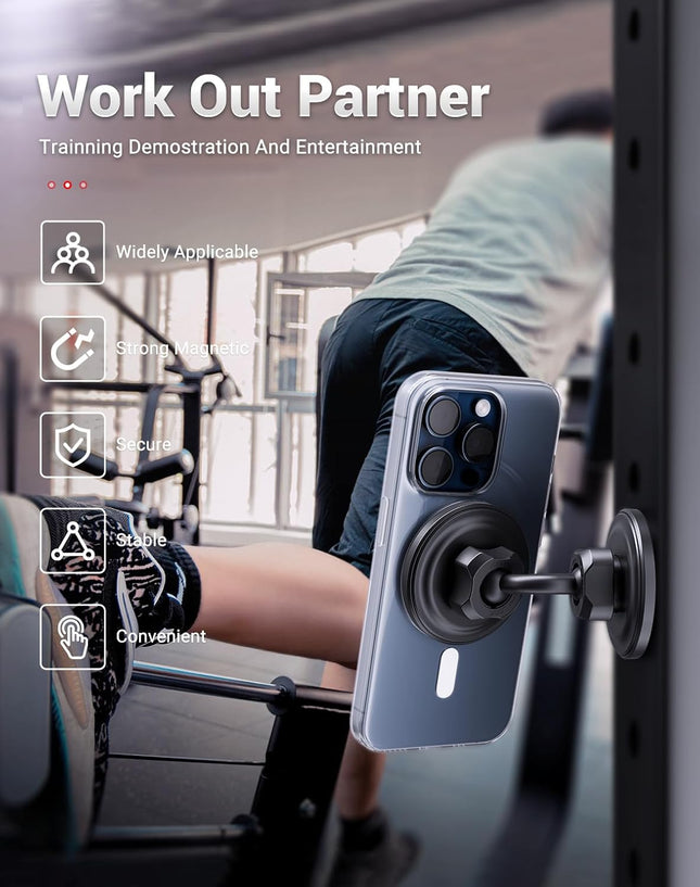 Gym Magnetic Phone Holder for Magsafe, Dual Magnetic Phone Mount Gym Phone Holder Magnet with Double Ball Head Locking A