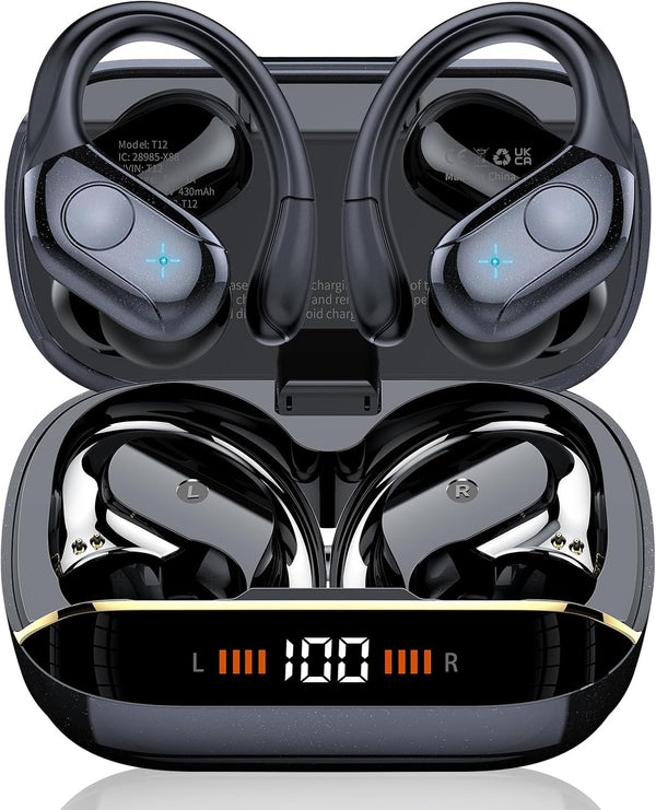 Wireless Earbuds Bluetooth 5.4 Headphones Sports, 75H Stereo Deep Bass over Ear Buds with Earhooks, Bluetooth Earbuds with 4 ENC Mic, LED Display,