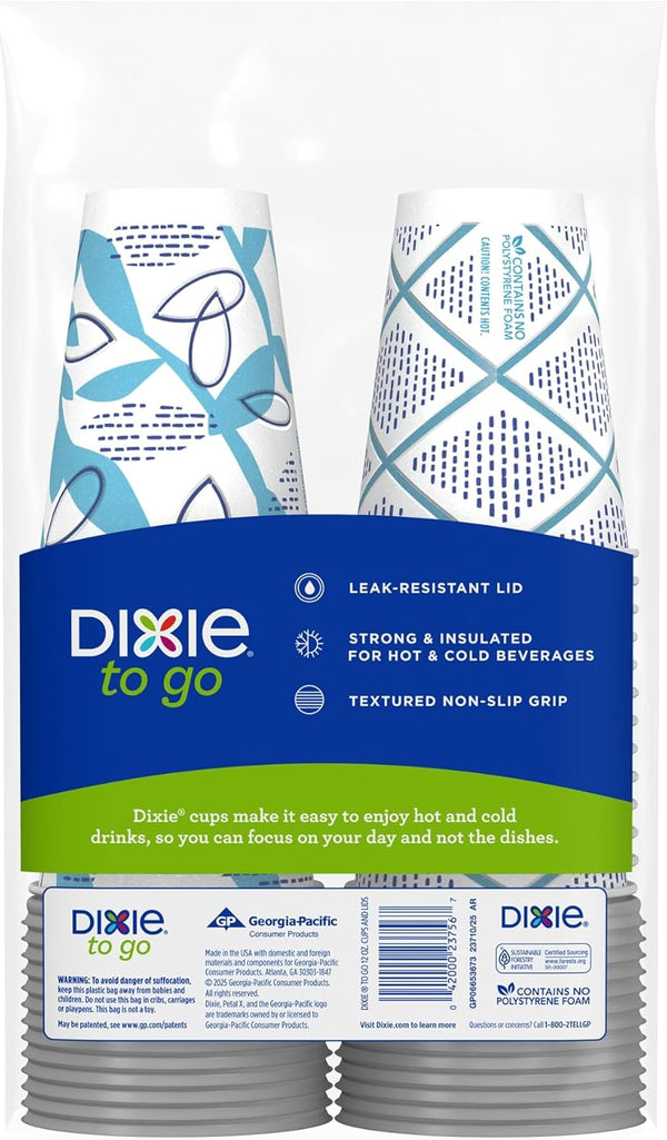 Dixie to Go Medium Paper Coffee Cups with Lids, 12 Oz, 26 Count, Disposable Cups for On-The-Go Hot Beverages
