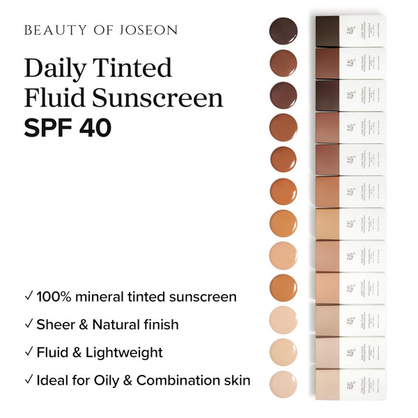 Beauty of Joseon Daily Tinted Fluid Sunscreen 12 Shades for Face Moisturizing Broad Spectrum SPF 40 Korean Skincare 50ml, 1.69 fl.oz #LN110 | 12