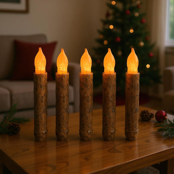 Taper Primitive Candles with Timer 6Pcs Real Wax Hand Dipped Battery Operated Flameless Candles for Christmas Halloween Home Decor Church