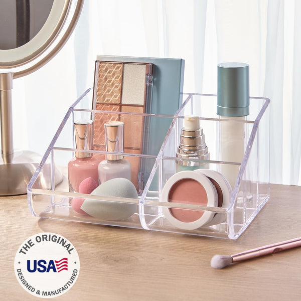 Stori Clear Plastic Vanity Makeup Organizer | 6-Compartment Holder for Brushes, Eyeshadow Palettes, & Beauty Supplies | Curved Front Design | Made