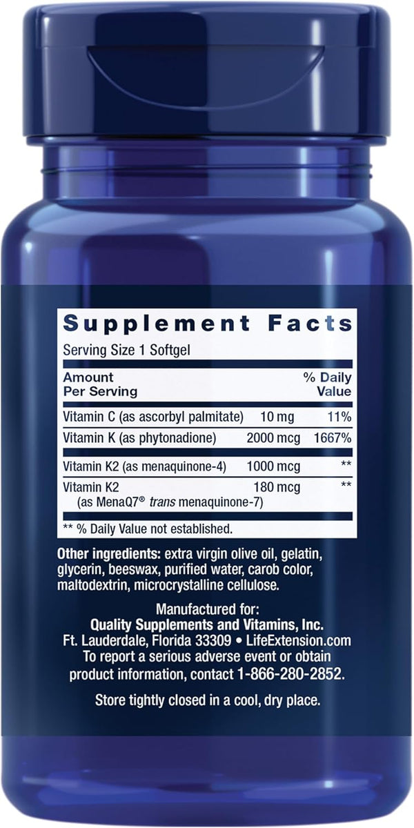 Life Extension Super K, Vitamin K1, Vitamin K2 Mk-7, Vitamin K2 Mk-4, Vitamin C, Bone/Heart/Arterial Health, 3-Month Supply, Gluten-Free, 1 Daily,