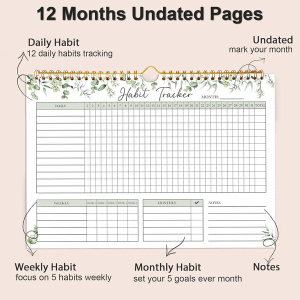 Habit Tracker Calendar-12 Months Undated Daily Weekly Goal and Habit Tracker Journal Planner with Spiral Binding, Boost Productivity Tool and