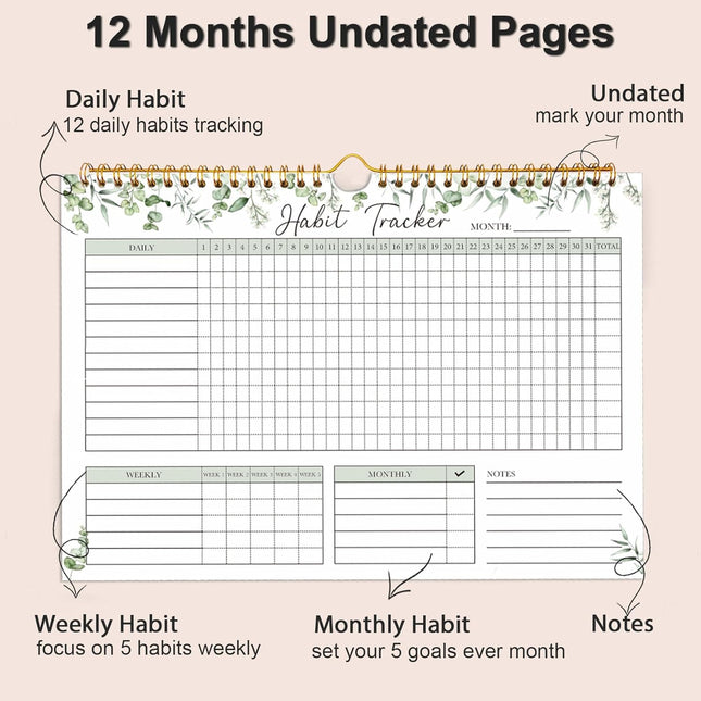 Habit Tracker Calendar-12 Months Undated Daily Weekly Goal and Habit Tracker Journal Planner with Spiral Binding, Boost 