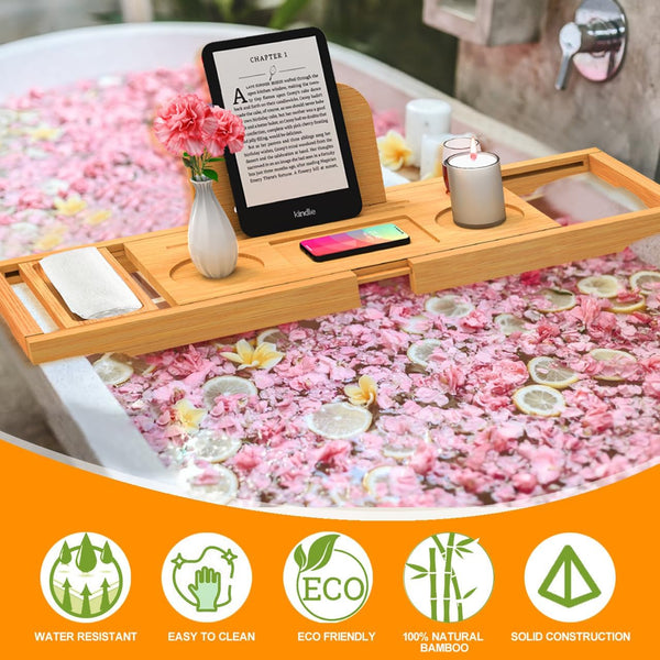 Luxury Bathtub Tray Caddy - Bath Tray Expandable - Bath Tub Tray Table for Bathtub - Bath Caddy Tray for Bathtub, Ajustable Size, Fits Most Tubs