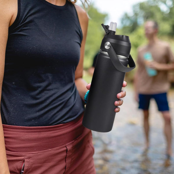 24Oz Insulated Stainless Steel Water Bottle, Wide Mouth Double Wall Vacuum, Silicone Straw, Sweat & Leak Proof, BPA Free Insulated Water Flask for