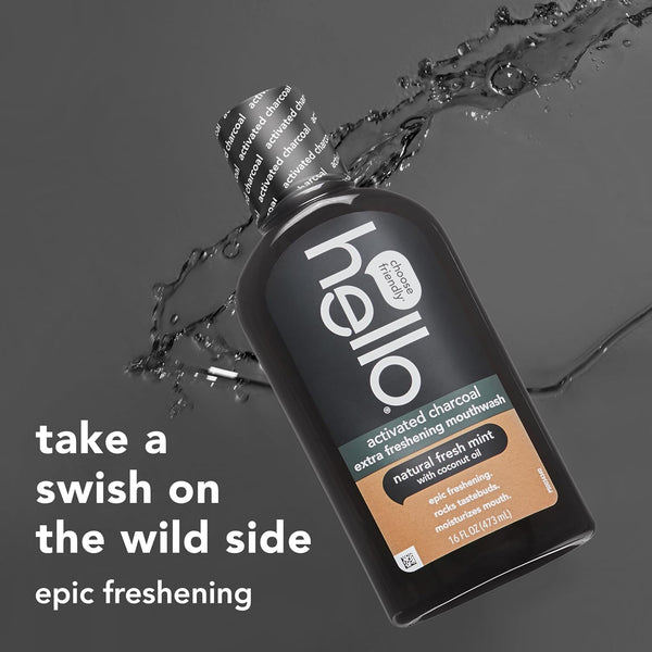 Hello Activated Charcoal Extra Freshening Mouthwash, Natural Fresh Mint and Coconut Oil, Fluoride Free, Alcohol Free, Vegan, SLS Free and Gluten