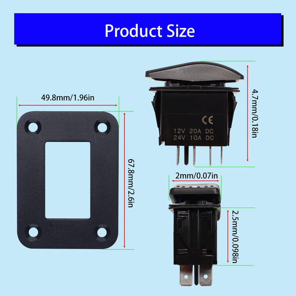 Weideer 20A 12V Polarity Reversing Momentary Rocker Switch DC Motor Control 7Pin up down Blue LED Winch In/Out Switch with Aluminum Plate Screw