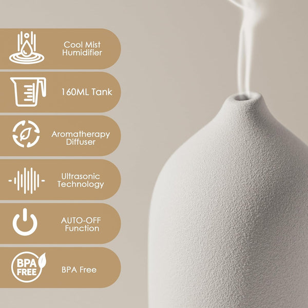 Diffuserlove Ceramic Diffuser 200ML Essential Oil Diffusers Aromatherapy Essential Oil Diffuser for Room 2 Mist Modes Air Diffuser for Home