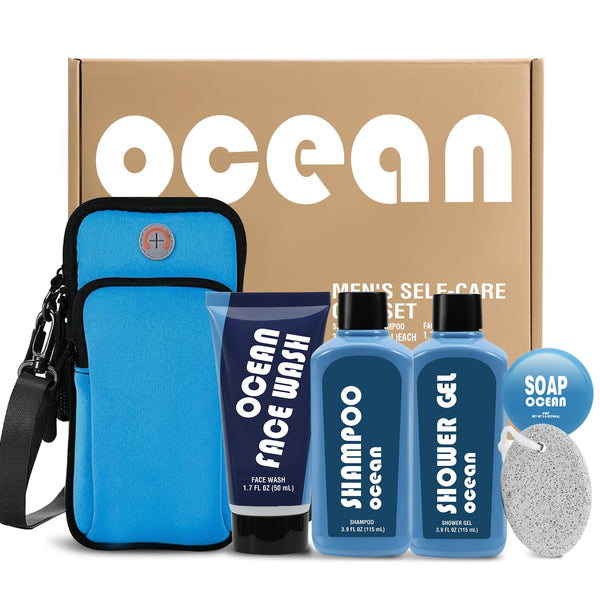 Mens Gifts for Body Wash, Self Care 6 Pcs Bath Gift for Men with Phone Pouch, Face Wash Gift Sets for Men, Birthday Gifts for Him With Shampoo and
