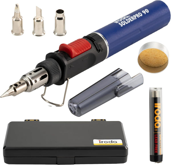 IRODA SOLDERPRO 90K Butane Soldering Iron Kit â 9 Piece Kit 3-In-1 Heat Tool (25â80W) Self-Igniting, Adjustable Flame, 17S Heat-Up, 53-Min