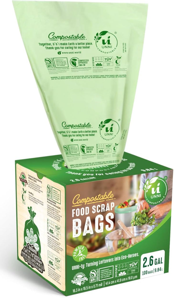 UNNI Compostable Liner Bags, 2.6 Gallon, 9.84 Liter, Extra Thick 0.71 Mil, 100 Count, Small Kitchen Food Scrap Waste Bags, ASTM D6400, US BPI, CMA