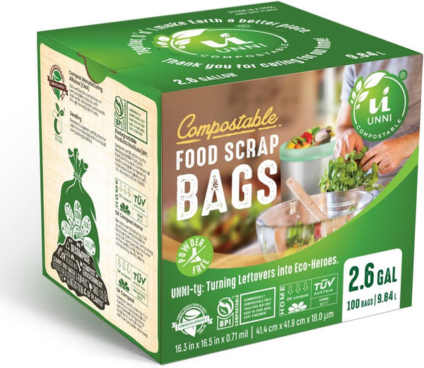 UNNI Compostable Liner Bags, 2.6 Gallon, 9.84 Liter, Extra Thick 0.71 Mil, 100 Count, Small Kitchen Food Scrap Waste Bags, ASTM D6400, US BPI, CMA