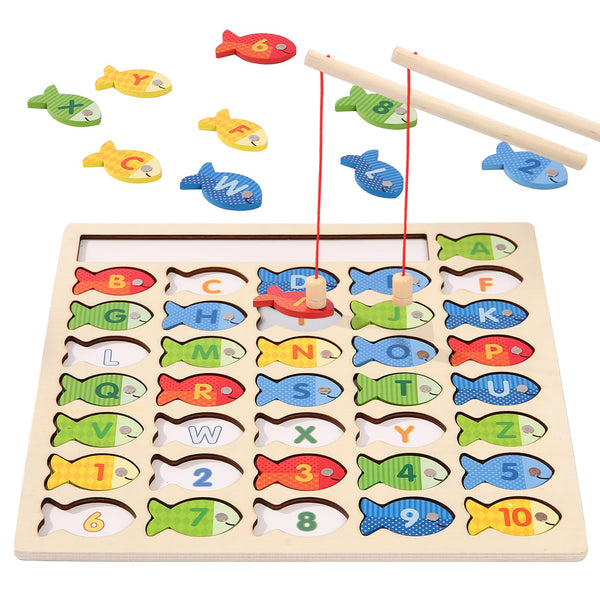 Wooden Magnetic Fishing Game for Toddlers, Montessori Fine Motor Skills Toy with Letters and Numbers, Preschool Learning ABC and Puzzle
