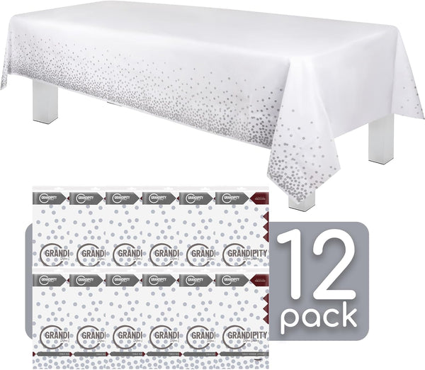 Grandipity Grey Dot on White 12 Pack Premium Disposable Plastic Tablecloth 54 Inch X 108 Inch. Decorative Rectangle Table Cover