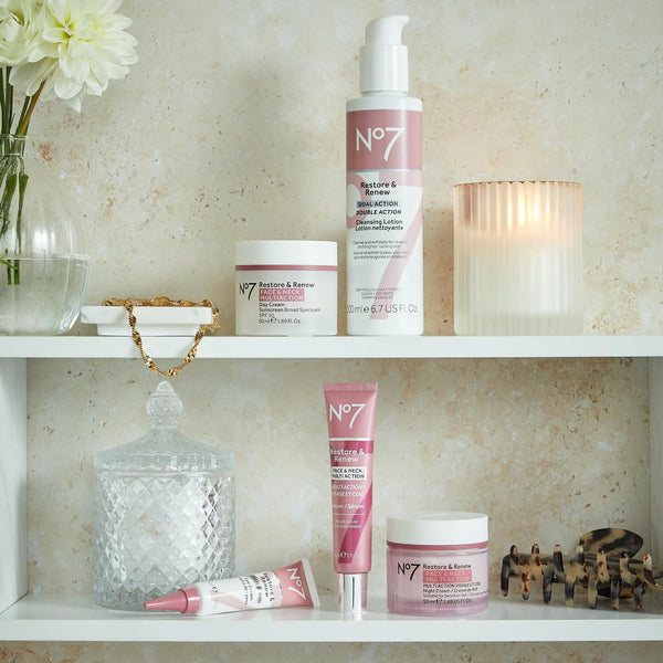 No7 Restore & Renew Dual Action Cleansing Lotion - Facial Cleanser & Exfoliant with Alpha Hydroxy Acid - Cleansing Lotion Makeup Remover for