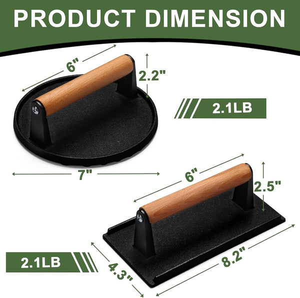 EWFEN Burger Press, 7" round & 8.2"X4.3" Rectangle Heavy-Duty Cast Iron Smash Bacon Press Meat Steak with Wood Handle for Griddle, Sandwich,