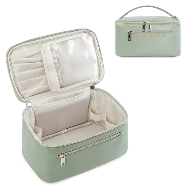 Wandering Nature Makeup Bag, Travel Make up Organizer Cosmetic Brush Bags Case for Women in Vegan Leather, Sage Green, Patent Pending