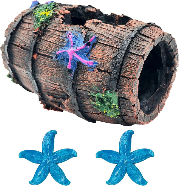 GSD Star-Fish Broken Barrel Decor Resin Betta Tank Accessories Ornaments for Cave Hide Decorations, Broken Barrel X 1Pc, Blue Star Fish Ornaments