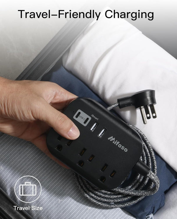 Cruise Ship Essentials - Mifaso Power Strip with USB, Mountable Flat Plug Power Strip with 3 Outlets 4 USB Ports(Smart 3.1A), 5Ft Braided