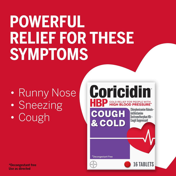 Coricidin HBP Decongestant-Free Cough and Cold Medicine - Specially Designed Relief for High Blood Pressure, Cough, Runny Nose, Sneezing and Cold