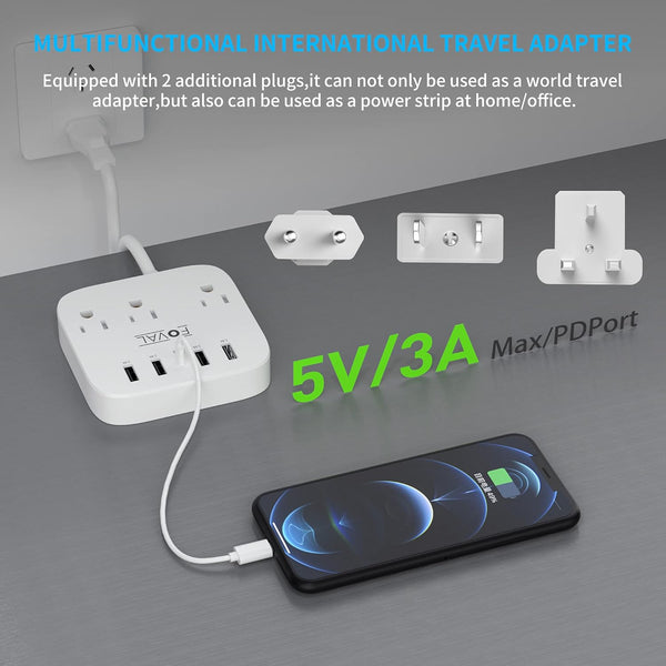 European Travel Plug Adapter, FOVAL EU UK US Power Strip with USB C and 4 USB Ports, 3 AC Outlets, Wall Mountable, 5Ft Extension Cord, Compact for
