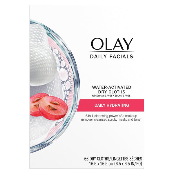 Olay Daily Facials, Daily Clean Makeup Removing Facial Cleansing Wipes, 5-In-1 Water Activated Cloths, Exfoliates, Tones and Hydrates Skin, 66 Count