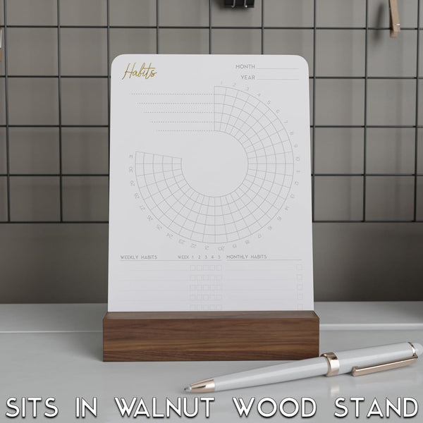Habit Tracker with Walnut Wood Stand - 36 Months of Habit Tracking, Elegant Habit Calendar Desk for Goal Tracking