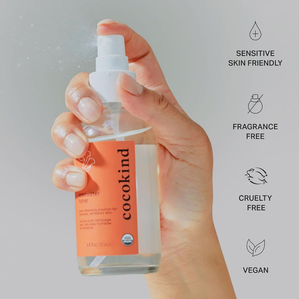 Rosewater Facial Toner by Cocokind, Multipurpose Spray to Set Makeup, Double Cleanse, and Balance Skins Ph, Made with Rose Hydrosol, 4 Fl Oz