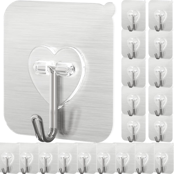 DGYB 20 Pcs Silver Adhesive Hooks for Hanging 22Lb Self Adhesive Wall Hooks Heavy Duty Waterproof Sticky Hook for Shower Home Bathroom Kitchen Office